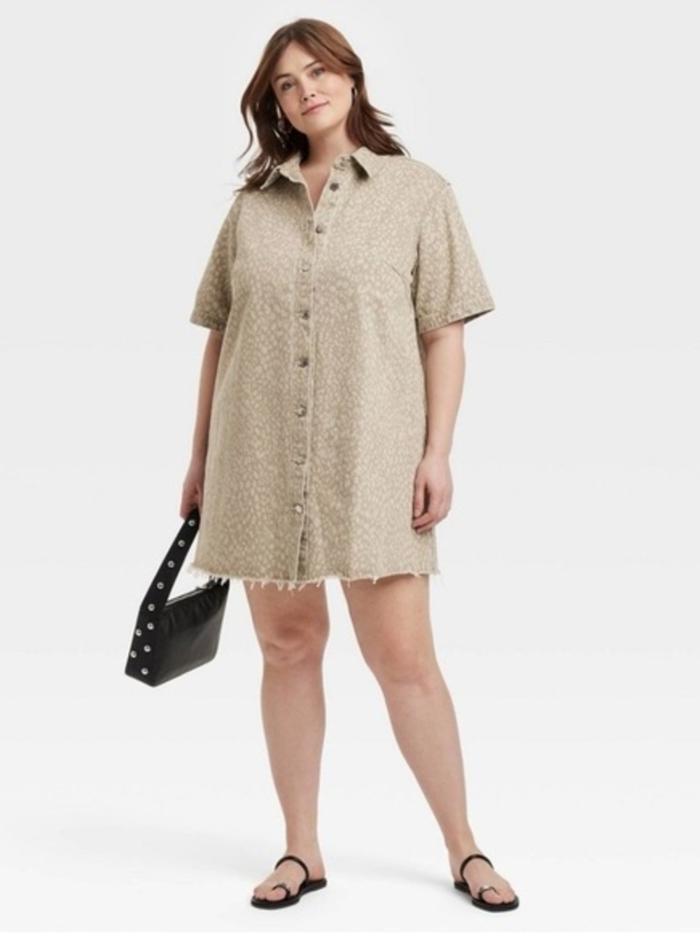 Universal Thread Womens XL Leopard Print Denim Shirt Dress Tan Short Sleeve NEW